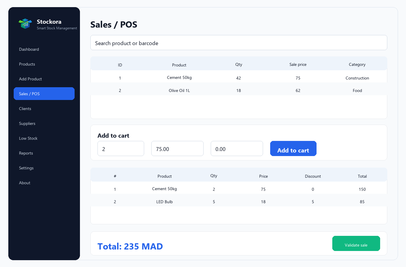 Stockora Sales POS screen