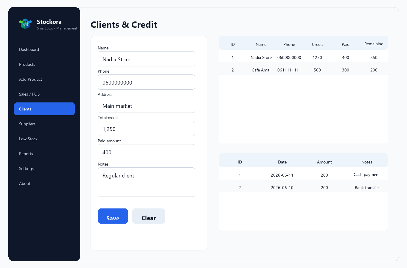 Stockora clients credit screen