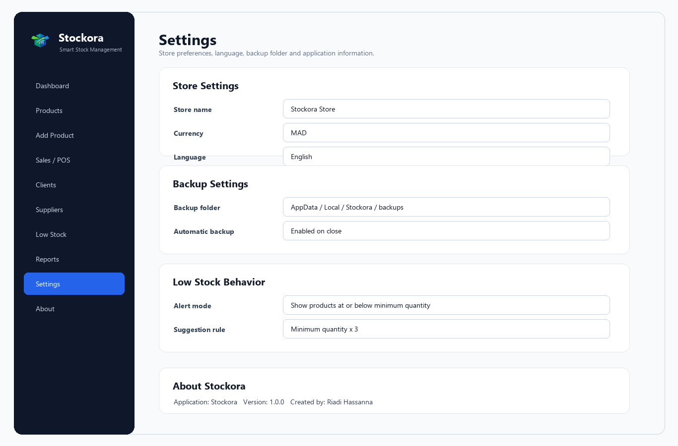 Stockora settings screen